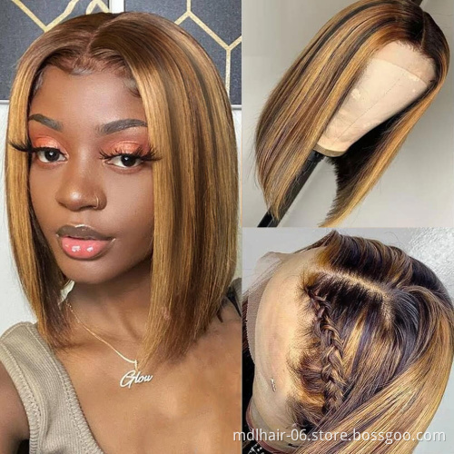 Wholesale Highlight Bob Lace Front Wigs , Colored Human Hair Front Lace Part 150% Density For Black Women
